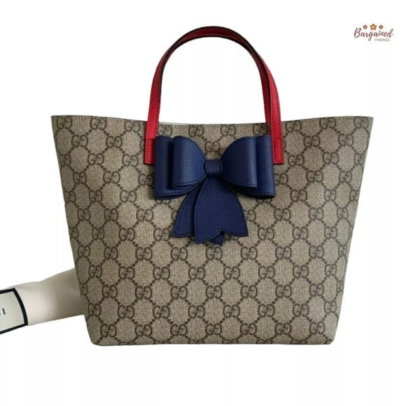 Authentic GUCCI Brown GG Supreme Monogram Red Leather Blue Bow Children's Tote